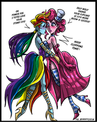 Size: 800x1000 | Tagged: safe, artist:shannonandklara, pinkie pie, rainbow dash, human, g4, clothes, dialogue, dress, female, gala dress, humanized, lesbian, pony coloring, porn dialogue, ship:pinkiedash, shipping, socks, striped socks, unusual euphemism