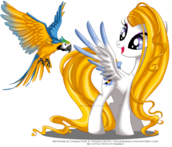 Size: 1340x1145 | Tagged: safe, artist:tiffanymarsou, oc, oc only, oc:azure, oc:summer rain, bird, blue-and-yellow macaw, macaw, pegasus, pony, colored wings, colored wingtips, concave belly, female, long mane, long tail, mare, simple background, slender, spread wings, tail, thin, transparent background, turned head, wings