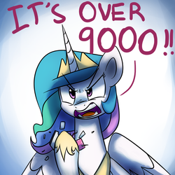 Size: 1200x1200 | Tagged: safe, artist:anticular, princess celestia, alicorn, pony, ask sunshine and moonbeams, g4, dragon ball, dragon ball z, female, followers, it's over 9000, mare, meme, open mouth, over 9000, parody, scouter, solo, tumblr, vegeta