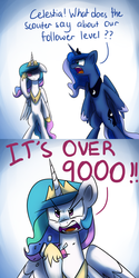Size: 1200x2400 | Tagged: safe, artist:anticular, princess celestia, princess luna, alicorn, pony, ask sunshine and moonbeams, g4, bipedal, dragon ball, dragon ball z, duo, duo female, female, followers, it's over 9000, mare, meme, open mouth, over 9000, parody, scouter, tumblr, vegeta