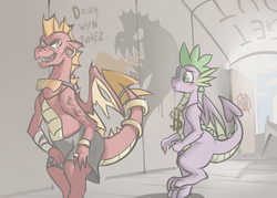 Size: 1600x1143 | Tagged: safe, artist:whitepone, garble, spike, dragon, g4, bling, gangsta, older, older spike, teenage spike, teenaged dragon, teenager, winged spike, wings