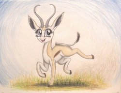 Size: 1019x784 | Tagged: safe, artist:thefriendlyelephant, oc, oc only, oc:mmiri, antelope, springbok, animal in mlp form, cloven hooves, dust, galloping, grass, horns, running, smiling, solo, traditional art