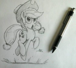 Size: 1023x918 | Tagged: safe, artist:ncmares, applejack, g4, monochrome, photo, traditional art