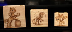 Size: 1280x571 | Tagged: safe, artist:horseez, apple bloom, applejack, big macintosh, earth pony, pony, g4, barrel, cider, craft, male, mouth hold, pyrography, rearing, rope, stallion, woodwork