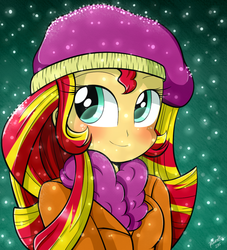 Size: 960x1056 | Tagged: safe, artist:riouku, sunset shimmer, equestria girls, g4, blushing, clothes, cute, female, hat, scarf, shimmerbetes, smiling, snow, snowfall, solo, when she smiles