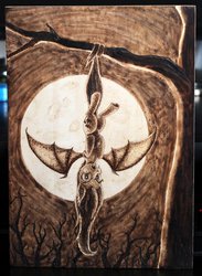 Size: 1024x1398 | Tagged: safe, artist:horseez, fluttershy, g4, craft, female, flutterbat, moon, pyrography, solo, upside down, woodwork