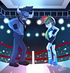 Size: 1100x1153 | Tagged: safe, artist:bluse, iron will, rainbow dash, equestria girls, g4, abs, arm wraps, athletic tape, belly button, clothes, equestria girls-ified, midriff, show accurate, sports bra, sports shorts, wrestling, wrestling ring