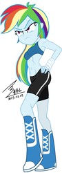 Size: 900x2488 | Tagged: safe, artist:bluse, rainbow dash, equestria girls, g4, abs, arm wraps, armpits, athletic tape, background removed, belly button, clothes, female, fit, midriff, muscles, rainbuff dash, show accurate, signature, simple background, solo, sports bra, sports shorts, white background
