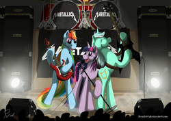 Size: 1920x1358 | Tagged: safe, artist:bcrich40, lyra heartstrings, rainbow dash, twilight sparkle, g4, drums, electric guitar, guitar, heavy metal, metallica, microphone, musical instrument, show, stage, thrash metal