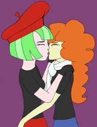 Size: 3924x5144 | Tagged: safe, artist:oneovertwo, drama letter, golden hazel, watermelody, human, equestria girls, g4, background human, duo, female, hazelmelody, kiss on the lips, kissing, lesbian, shipping