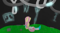 Size: 1280x715 | Tagged: safe, artist:minty candy, fluttershy, oc, oc:minty candy, cyborg, pegasus, pony, unicorn, fallout equestria, fallout equestria: occupational hazards, g4, dying, electricity, mindscape, wires
