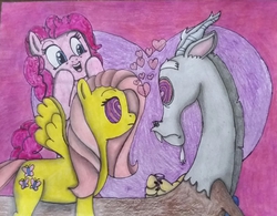 Size: 2312x1802 | Tagged: safe, artist:disneyandzimfanatic, discord, fluttershy, pinkie pie, g4, female, love poison, male, mind control, straight, traditional art