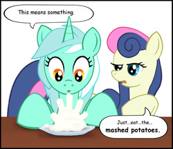 Size: 800x687 | Tagged: safe, artist:sslug, bon bon, lyra heartstrings, sweetie drops, earth pony, pony, g4, bon bon is not amused, close encounters of the third kind, dialogue, duo, mashed potatoes, movie reference, parody, simple background, white background