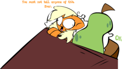 Size: 1496x852 | Tagged: safe, artist:mushroomcookiebear, applejack, earth pony, pony, g4, bed, duo, implied sex, pear, pearjack, pillow, wat