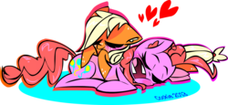 Size: 1927x887 | Tagged: safe, artist:mushroomcookiebear, applejack, pinkie pie, pony, g4, duo, female, lesbian, ship:applepie, shipping, sleeping