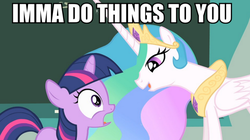 Size: 892x500 | Tagged: safe, edit, edited screencap, screencap, princess celestia, twilight sparkle, alicorn, pony, unicorn, g4, caption, female, filly, image macro, implied foalcon, implied lesbian, implied shipping, implied twilestia, mare, meme