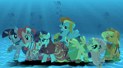 Size: 1265x708 | Tagged: safe, artist:sb1991, applejack, fluttershy, pinkie pie, rainbow dash, rarity, twilight sparkle, pony, g4, bubble, clothes, dress, gala dress, mane six, underwater, water