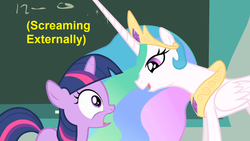 Size: 1366x768 | Tagged: safe, edit, screencap, princess celestia, twilight sparkle, g4, caption, descriptive noise, meme, screaming internally, x externally, x internally, younger