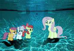 Size: 720x504 | Tagged: safe, artist:sb1991, apple bloom, fluttershy, scootaloo, sweetie belle, earth pony, pony, g4, breathhold, bubble, cutie mark crusaders, story included, swimming pool, underwater