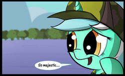 Size: 1030x627 | Tagged: safe, artist:subjectnumber2394, edit, lyra heartstrings, pony, unicorn, g4, caption, clothes, cropped, crying, female, happy, hat, majestic, nature, open mouth, reaction image, smiling, solo, tears of joy