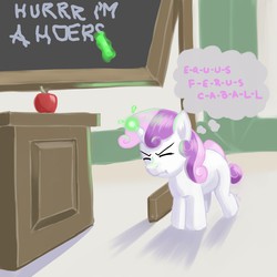 Size: 3072x3072 | Tagged: safe, artist:jay156, sweetie belle, g4, apple, chalk, chalkboard, female, high res, hoers, hurr durr, magic, solo, sweetie belle's magic brings a great big smile, sweetie fail, sweetiedumb