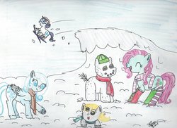 Size: 1024x744 | Tagged: safe, artist:ditzymuffin13, derpy hooves, minty, rarity, oc, oc:snowdrop, pegasus, pony, g4, clothes, cute, derpabetes, female, goggles, mare, mintabetes, scarf, skiing, snowpony, socks, winter