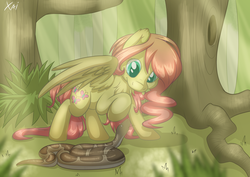 Size: 1280x906 | Tagged: safe, artist:fluffyxai, fluttershy, oc, oc:cookie coils, pony, snake, g4, chest fluff, crepuscular rays, forest, raised leg, solo