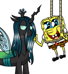 Size: 2475x2696 | Tagged: safe, artist:heartshielder1991, queen chrysalis, g4, crossover, high res, male, spongebob squarepants, spongebob squarepants (character)