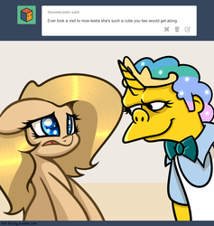 Size: 1280x1350 | Tagged: safe, artist:slavedemorto, oc, oc:backy, bedroom eyes, crossover, floppy ears, frown, male, moe syzlak, open mouth, princess moelestia, smiling, the simpsons, tumblr