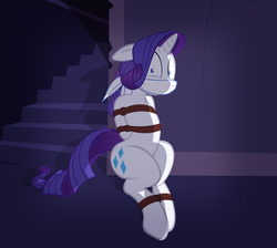 Size: 1024x917 | Tagged: safe, artist:radiantrealm, rarity, g4, bondage, cloth gag, female, gag, imminent rape, show accurate, solo, terrified, this will end in tears, tied up, wide eyes