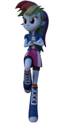 Size: 2160x3840 | Tagged: safe, artist:3d thread, artist:creatorofpony, rainbow dash, equestria girls, g4, 3d, 3d model, against wall, blender, boots, clothes, compression shorts, female, high res, rainbow socks, shirt, shorts, simple background, skirt, socks, solo, striped socks, transparent background, wallpaper, wristband