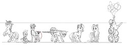 Size: 3084x1119 | Tagged: safe, artist:gor1ck, applejack, fluttershy, pinkie pie, rainbow dash, rarity, spike, twilight sparkle, alicorn, pony, g4, female, line-up, mane seven, mane six, mare, monochrome, sketch, twilight sparkle (alicorn)