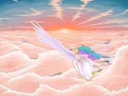 Size: 4800x3600 | Tagged: safe, artist:gor1ck, princess celestia, human, g4, armpits, cloud, cloudy, detailed, female, flying, goddess, humanized, looking up, majestic, scenery porn, sky, smiling, solo, spread wings, stars, sun, sun work, sunrise, winged humanization