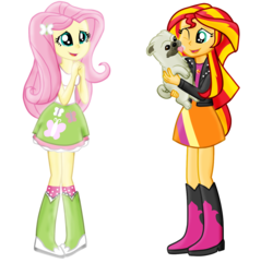 Size: 1328x1281 | Tagged: safe, artist:majkashinoda626, fluttershy, sunset shimmer, dog, pug, equestria girls, g4, boots, clothes, cute, high heel boots, jacket, licking, polka dot socks, shirt, shoes, simple background, skirt, socks, sunset shimmer wearing her boots, tank top, transparent background, vector