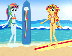 Size: 2500x1961 | Tagged: safe, artist:majkashinoda626, rainbow dash, sunset shimmer, equestria girls, g4, barefoot, beach, belly button, bikini, clothes, cute, duo, feet, sunglasses, surfboard, swimsuit