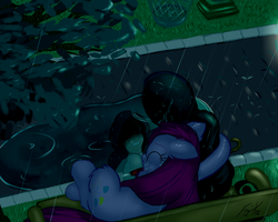 Size: 1320x1056 | Tagged: safe, artist:frist44, pinkie pie, human, g4, bench, crying, eyes closed, female, floppy ears, fluffy, hug, imaginary friend, male, park, pinkamena diane pie, rain, sad