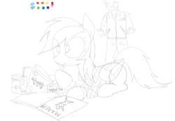 Size: 810x560 | Tagged: safe, artist:hyolark, rainbow dash, oc, oc:anon, human, pegasus, pony, g4, chips, food, juice, juice box, korean, magazine, monochrome, reading, sketch