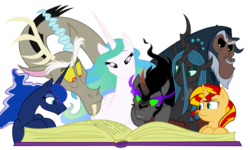 Size: 4774x2864 | Tagged: safe, artist:mickeymonster, artist:tyler611, discord, king sombra, lord tirek, princess celestia, princess luna, queen chrysalis, sunset shimmer, alicorn, centaur, changeling, changeling queen, draconequus, pony, unicorn, taur, g4, book, female, high res, male, mare, simple background, stallion, transparent background, vector