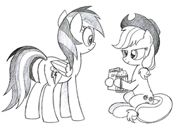 Size: 1007x746 | Tagged: safe, artist:hyolark, applejack, daring do, rainbow dash, earth pony, pegasus, pony, g4, apple cider, book, monochrome, traditional art