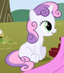 Size: 480x544 | Tagged: safe, screencap, sweetie belle, pony, unicorn, g4, the show stoppers, female, filly, flower, foal, horn, sitting, solo