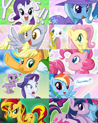 Size: 400x500 | Tagged: safe, artist:uotapo, angel bunny, applejack, derpy hooves, fluttershy, pinkie pie, rainbow dash, rarity, spike, sunset shimmer, trixie, twilight sparkle, pony, g4, alternate mane seven, female, male, mane seven, mane six, ship:sparity, shipping, straight