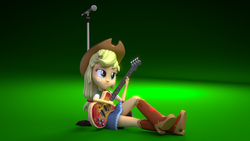 Size: 2560x1440 | Tagged: safe, artist:creatorofpony, artist:theponyguy1998, applejack, equestria girls, g4, 3d, 3d model, bass guitar, blender, boots, clothes, cowboy hat, cowgirl, denim, denim skirt, female, hat, microphone, microphone stand, musical instrument, shirt, simple background, sitting, skirt, solo, stetson