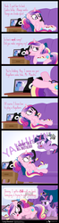 Size: 670x2540 | Tagged: safe, artist:dm29, princess cadance, smarty pants, twilight sparkle, g4, comic, couch, cute, discussion in the comments, filly, filly twilight sparkle, flugelhorn, foalsitter, innuendo, phone, pounce, tail bite, tail pull