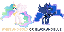 Size: 1200x600 | Tagged: safe, artist:ianshaffer, princess celestia, princess luna, alicorn, pony, g4, female, image macro, mare, meme, simple background, white and gold or black and blue dress meme