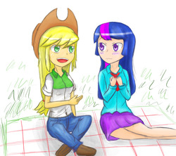 Size: 1126x1000 | Tagged: safe, artist:jumboz95, applejack, twilight sparkle, equestria girls, g4, female, humanized, lesbian, picnic, ship:twijack, shipping