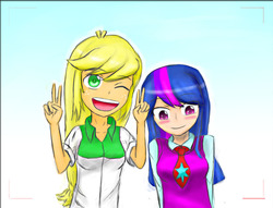 Size: 1152x880 | Tagged: safe, artist:jumboz95, applejack, twilight sparkle, equestria girls, g4, female, humanized, lesbian, peace sign, ship:twijack, shipping