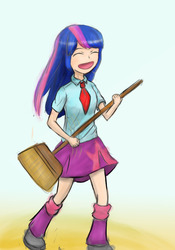 Size: 700x1000 | Tagged: safe, artist:jumboz95, twilight sparkle, equestria girls, g4, air guitar, broom, female, happy, humanized, solo