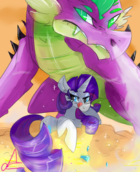 Size: 3000x3700 | Tagged: safe, artist:rayadra, rarity, spike, dragon, pony, unicorn, g4, :p, dragon instinct, ear fluff, eyelashes, female, frown, gem, glare, gold, heart eyes, high res, jewels, licking, licking lips, lidded eyes, looking at you, male, mare, older, prone, ship:sparity, shipping, shoulder fluff, smiling, sparkles, straight, tongue out, wingding eyes