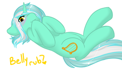 Size: 1080x700 | Tagged: safe, artist:azure-doodle, lyra heartstrings, pony, unicorn, g4, bellyrubs, blushing, dialogue, female, hair over one eye, looking at you, mare, on back, simple background, solo, white background