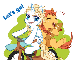 Size: 767x590 | Tagged: safe, artist:tomato mameta, alicorn, pony, anna, bicycle, bread, elsa, eyes closed, frozen (movie), frozen fever, looking at you, open mouth, ponified